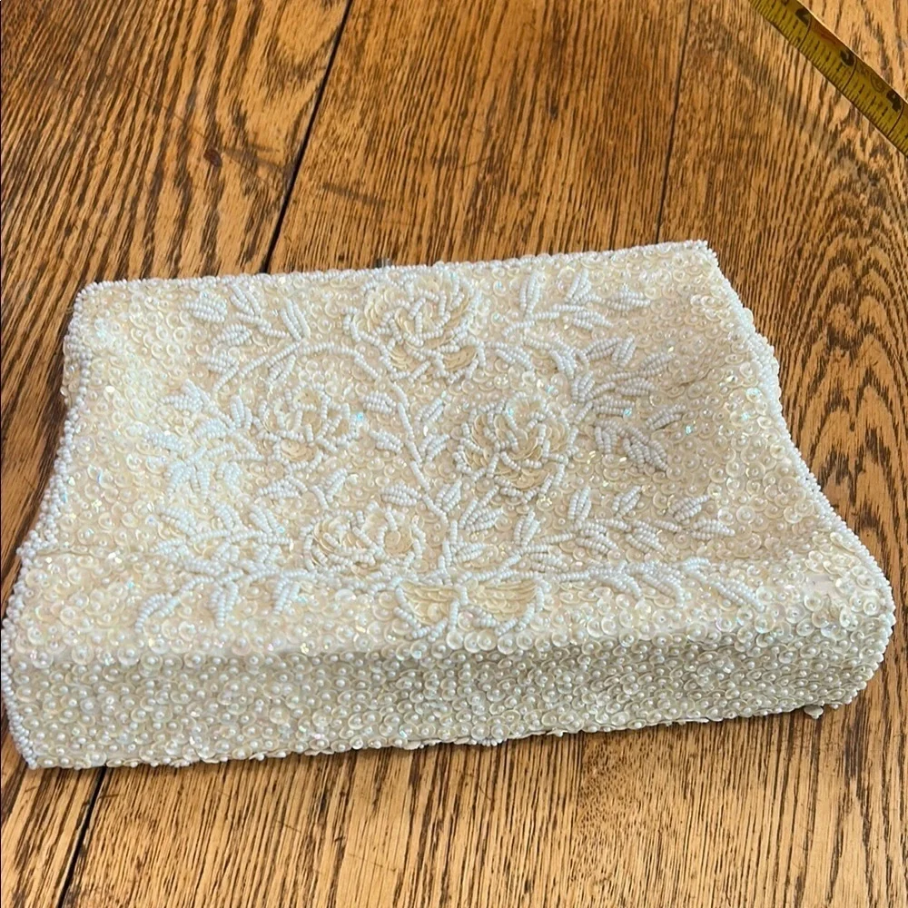 Vintage SHARONEE Elegant Cream Beaded Clutch Made In British Hong Kong 1960s